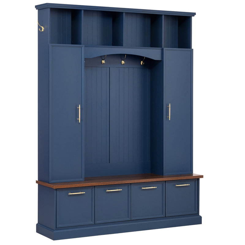 4-IN-1 Elegant Hall Tree with Golden Hooks & Handles, Practical Entryway Walnut Bench with Adjustable Shelves, Blue