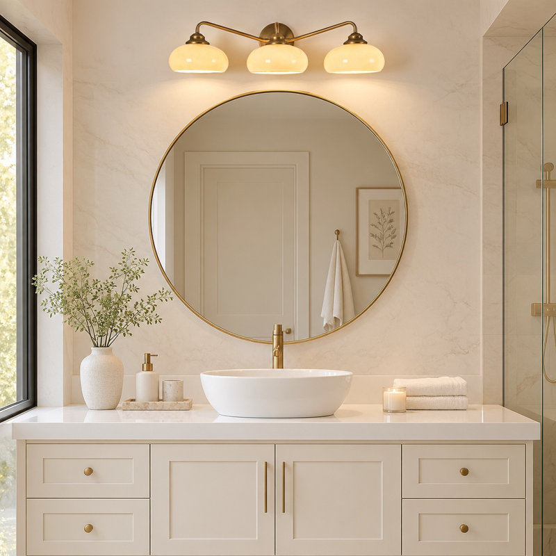 Applique murale 3 lumières pour salle de bain en or brossé et dôme en marbre ambré rétro