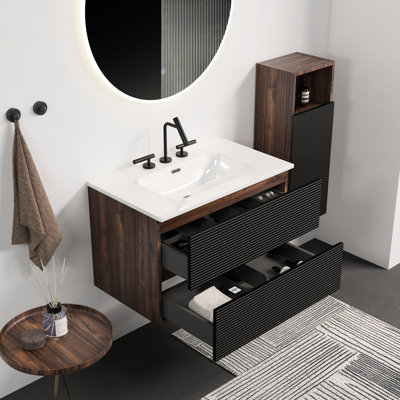 Meuble-lavabo mural moderne en noir et noyer, lavabo en céramique à trois trous, fermeture en douceur et 20% plus de rangement dans la salle de bain de 30 pouces avec finition noyer, trop-plein, extra