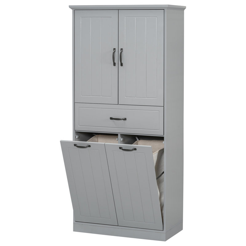 Tall Bathroom Storage Cabinet With 2 Laundry Baskets, Freestanding Linen Cabinet Bathroom Cabinet With Drawer, Gray