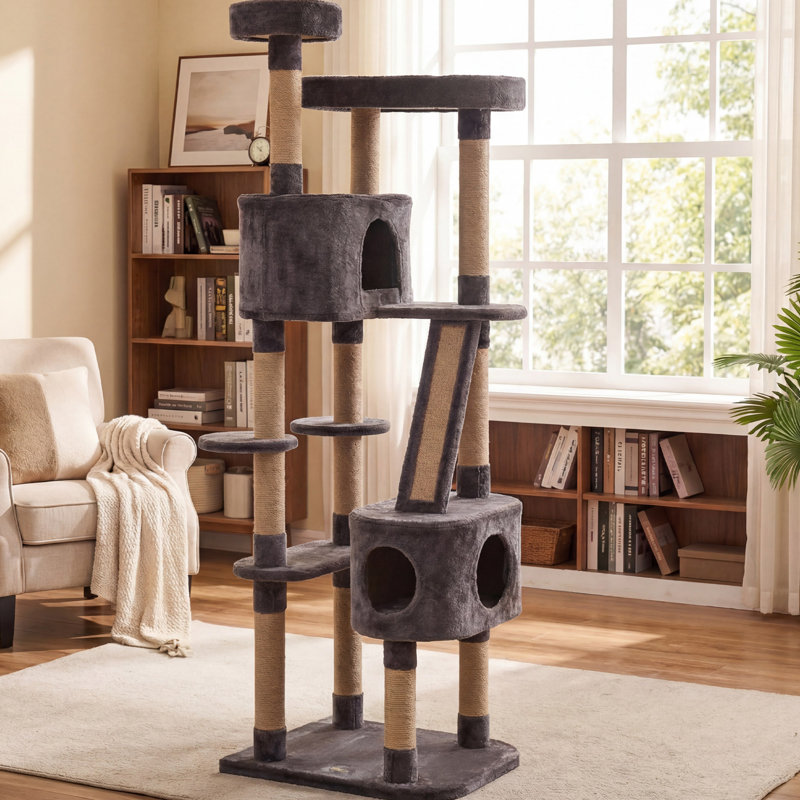 Grand arbre à chat multi-niveaux gris, hauteur de 71 pouces avec poteaux à griffes recouverts de sisal, condo double, plateforme allongée pour que les chats puissent jouer et dormir, perchoirs ronds