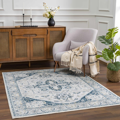 Tapis oriental bleu en polypropylène tissé à la main Basak