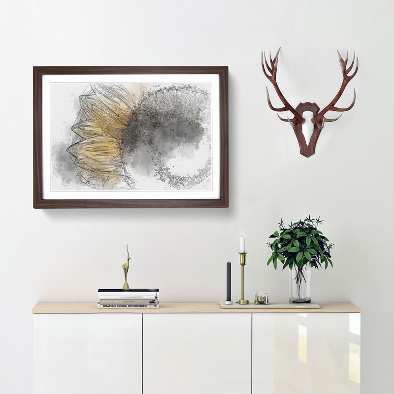Yellow Sunflower Rising in Abstract - Picture Frame Graphic Art Print, 35cm H x 50cm W x 2cm D, Walnut