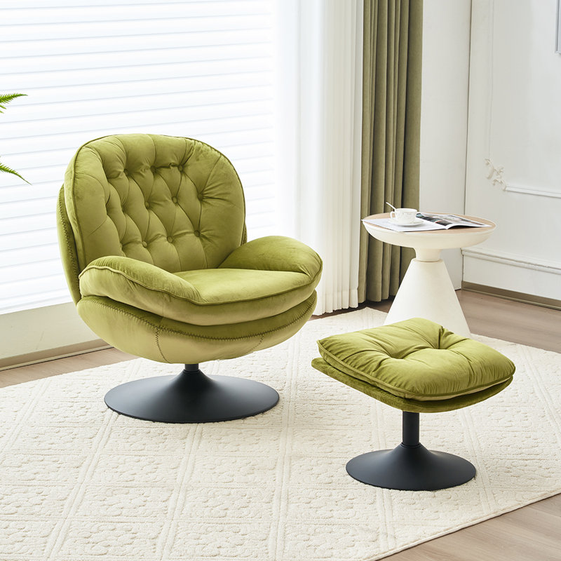 Zenon Velvet Swivel Accent Chair with Ottoman, Grass Green Velvet