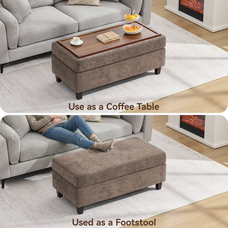 Multi-Functional Ottoman Bench for Living Room, Flip-Top Design with Wooden/Cushion Reversible Lid, Brown