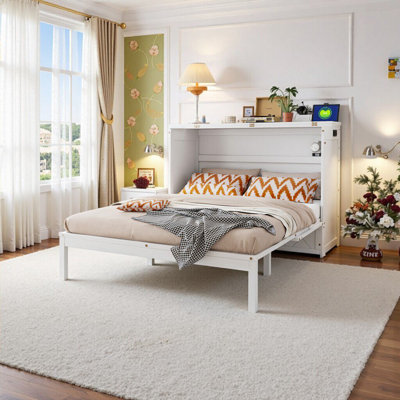 Queen-Size Space-Saving Murphy Wall Bed Cabinet with Storage Drawer & Built-in Outlets/USB Ports - Transformable Furniture