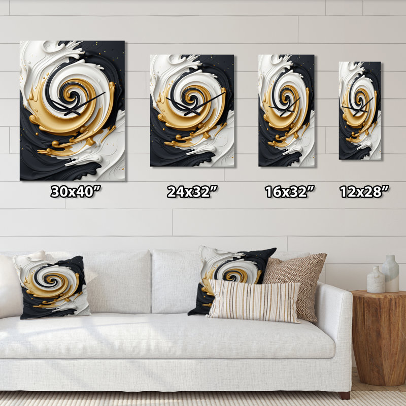 Liquid Gold Black & White Textured Spiral Magic I - Abstract Spirals Modern Wall Clock, 28" H x 12" W x 1" D
