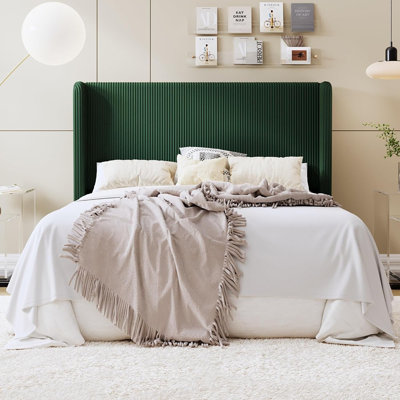 Queen Size Corduroy Upholstered Platform Bed Frame With Vertical Channel Tufted Wingback Headboard, 8" Under Bed Storage, Wooden Slats & Metal Frame Support, Easy Assembly, Dark Green
