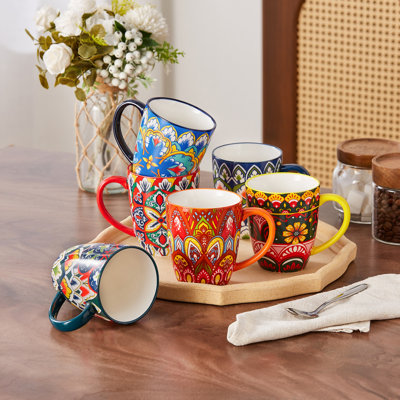 Ensemble de 6 tasses à café bohèmes colorées en céramique de 35 cl