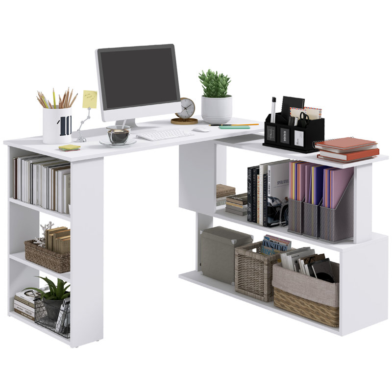 Bureau d'angle en L, bureau à domicile rotatif à 360 degrés avec tablettes de rangement, poste de travail de table d'écriture, blanc