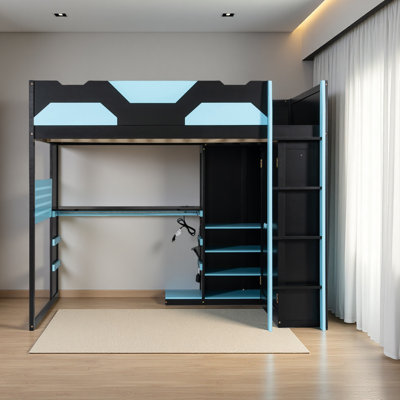 Lit mezzanine double en bois avec bureau, tablettes multiples, lumière USB et RVB