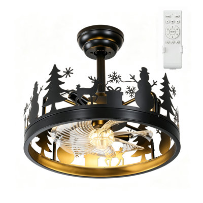 17.72 Inch Snowman Reindeer Caged Ceiling Fan with Light and Remote Control Reversible Motor