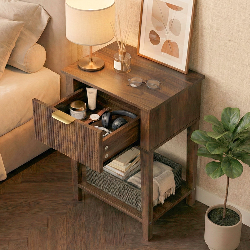 Modern Minimalist End Table With Open Storage Shelf, Dark Walnut