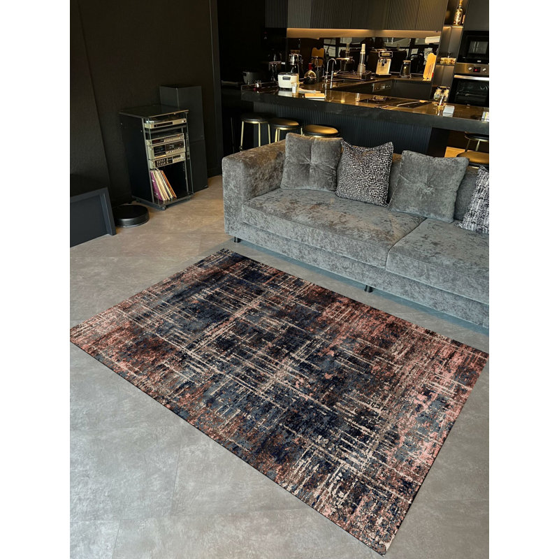 Tapis tissé à rayures bleu marine et terracotta, Tapis de couloir 3 pi 9,81 po x 6 pi 6,74 po