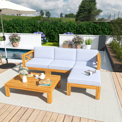Ensemble de conversation modulaire 5 pièces avec ensemble de conversation et canapé d'extérieur en bois d'acacia avec coussins gris, repose-pieds et table basse
