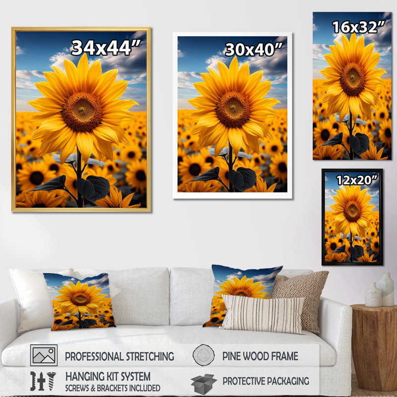 Tournesols jaunes dansant de Benjamin - impression, Encadrement doré, H 20 po x l 12 po x P 1 po