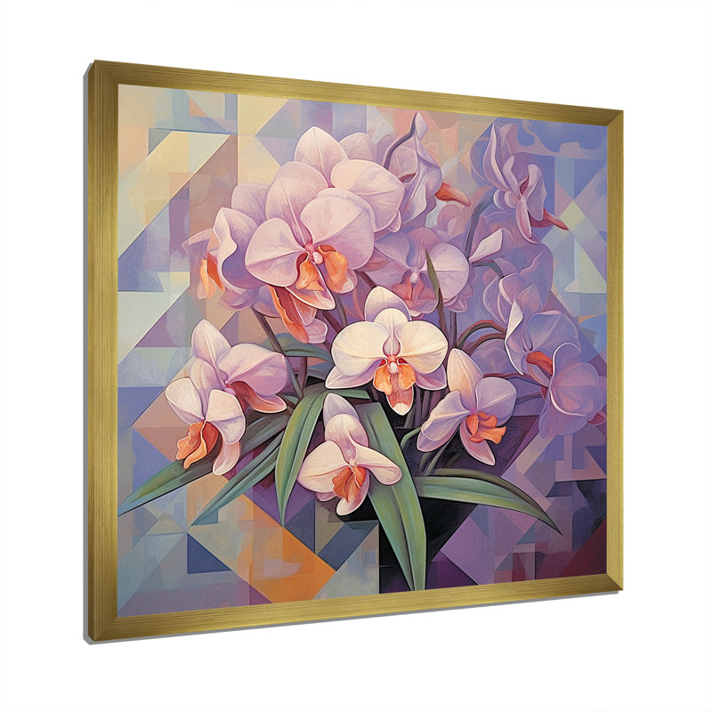 Élégante géométrie, bouquet mauve sur toile, H 30 po x l 30 po x P 1 po, Cadre doré simple