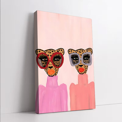 1pc, art mural, affiches encadrées, duo de guépards, impression sur toile avec lunettes de soleil rétro, décoration murale moderne pour salon, chambre à coucher, illustration animalière élégante dans des tons roses, pièce de décoration unique pour la maison