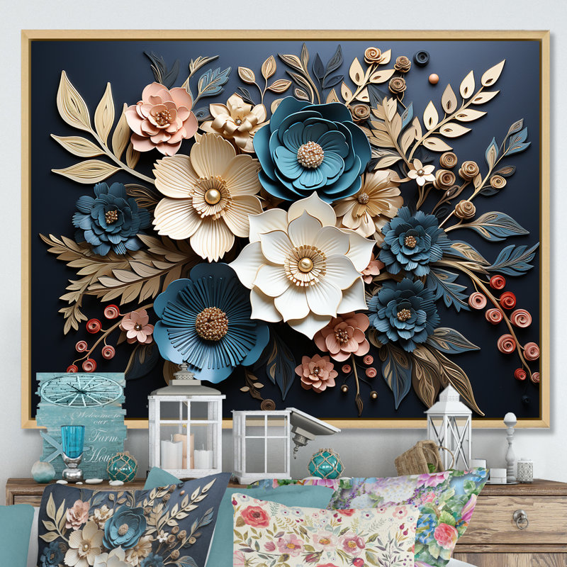 Bleu et or, charmantes fleurs printanières - art mural fleurs, H 24 po x l 32 po x P 1 po, Cadre flottant brun