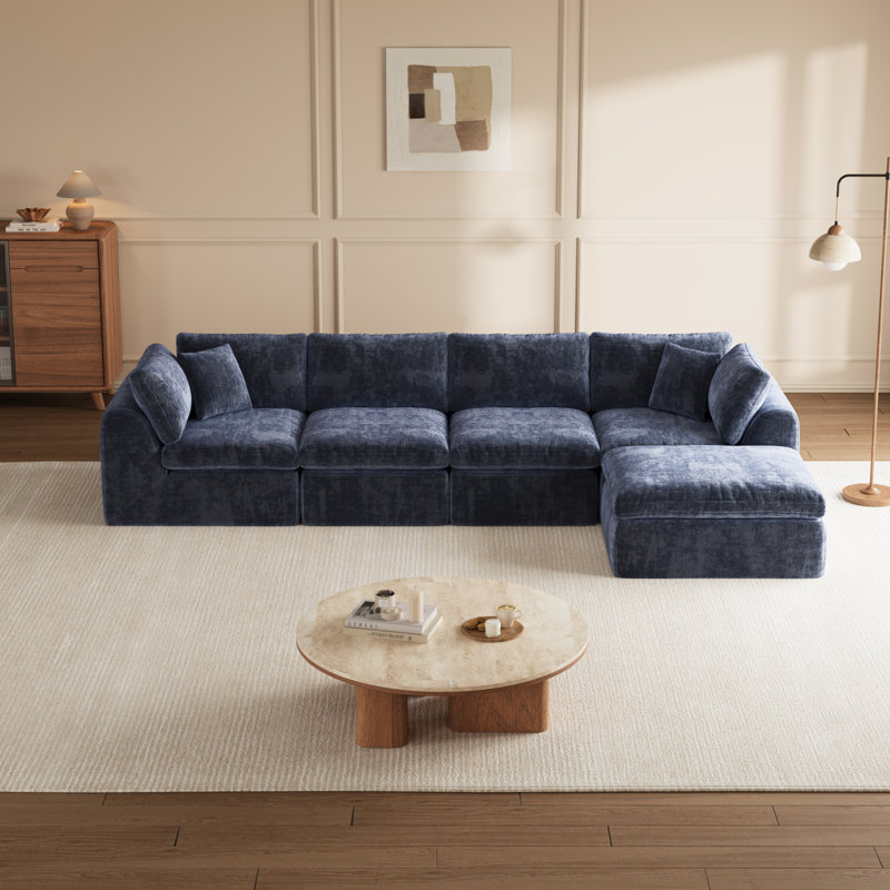 Canapé d'angle modulaire 5 places en chenille, sans ossature, en forme de L, 353 cm de large, aucun assemblage requis, Marine