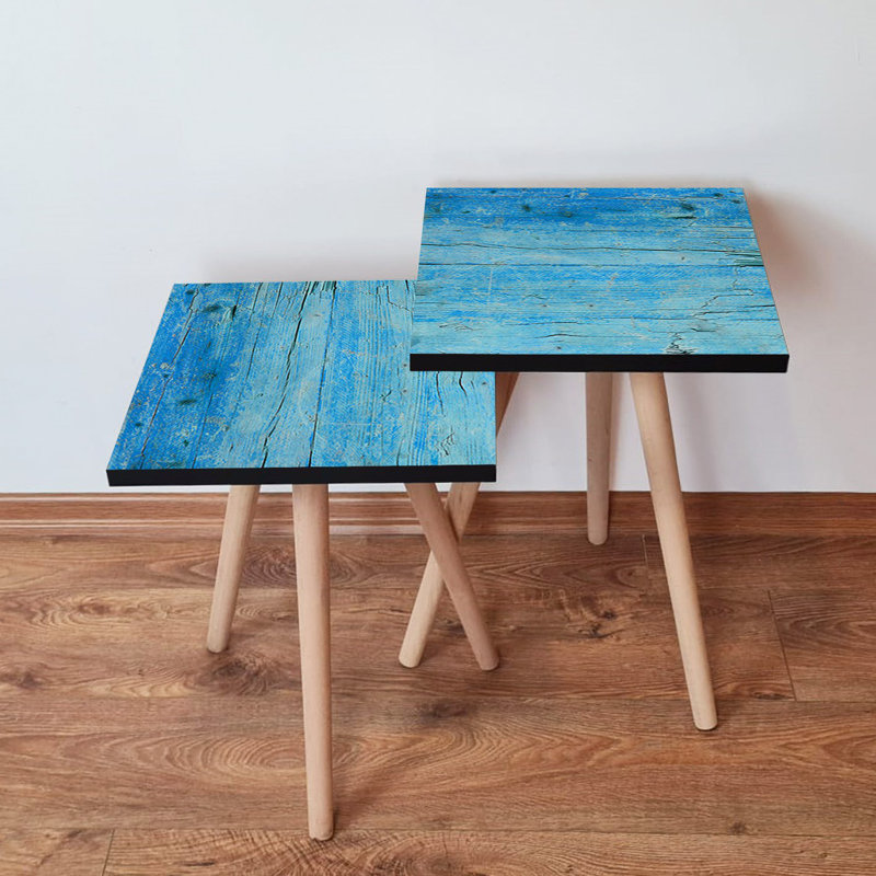 Modern Blue Nesting Tables (2 Pieces), 100% MDF with Beech Wood Legs, Larger Table: 13.8 x 18.5 x 13.8 inches, Smaller Table: 13.8 x 16.5 x 13.8 inches | Stylish Design for Living Room & Office, Durable & Elegant