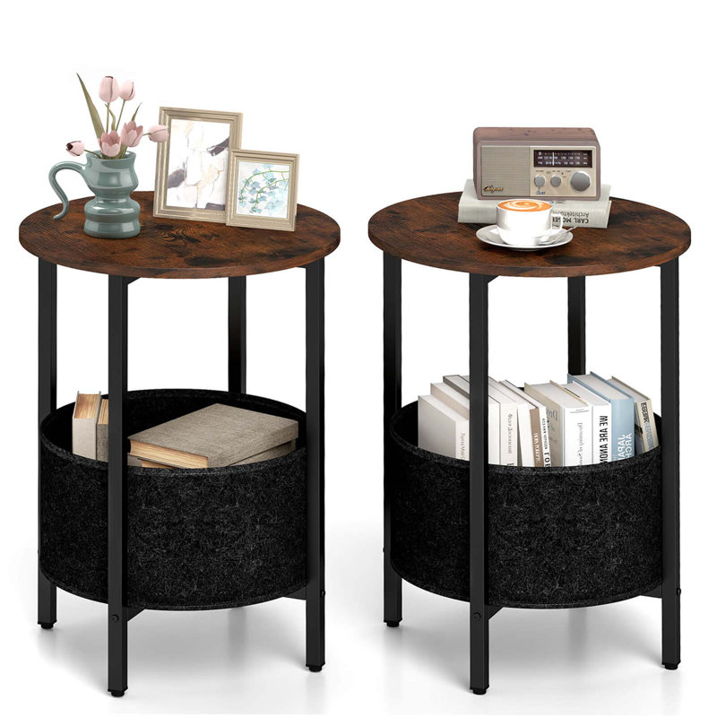  2 Pcs Round End Table With Felt Storage Basket Sturdy Metal Frame For Bedroom