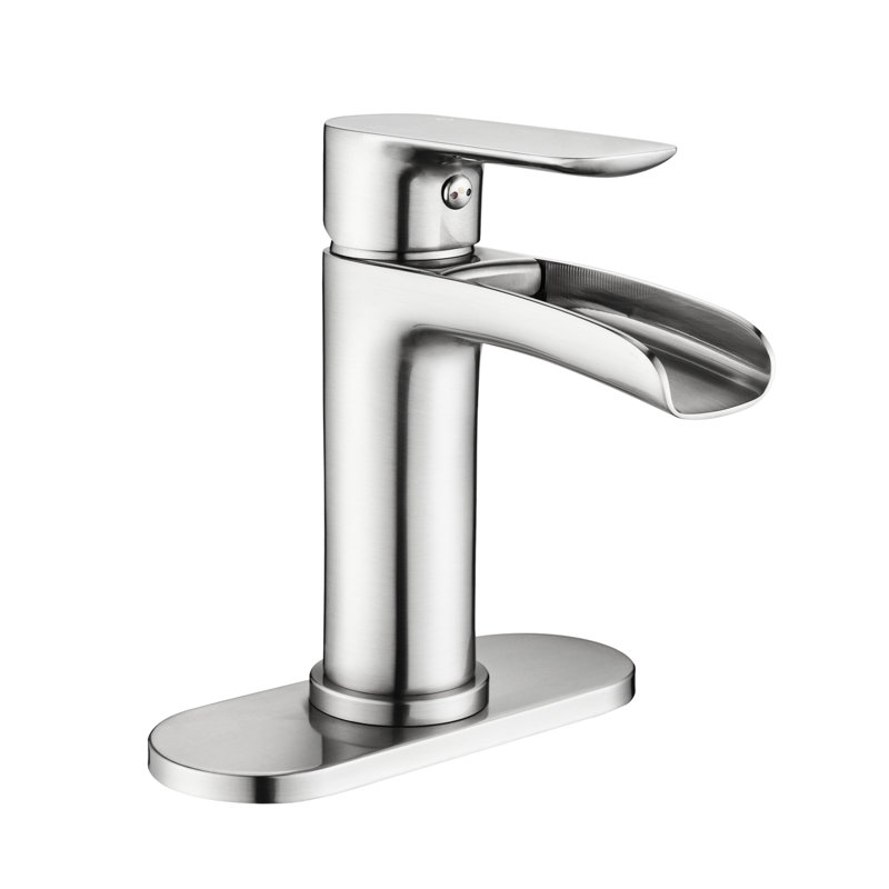 Robinet de salle de bain en cascade - Nickel brossé à poignée simple avec plaque de pont et trop-plein pour salle de bain moderne