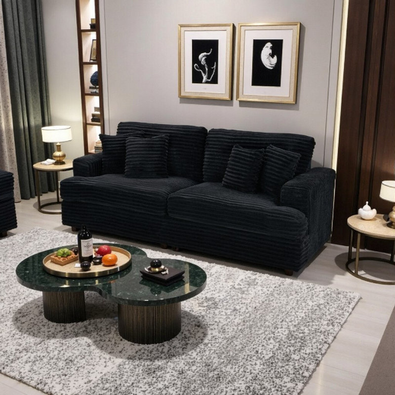 Canapé moderne en velours côtelé 3 places avec coussins décoratifs - Spacieux et confortable salon indispensable, Noir