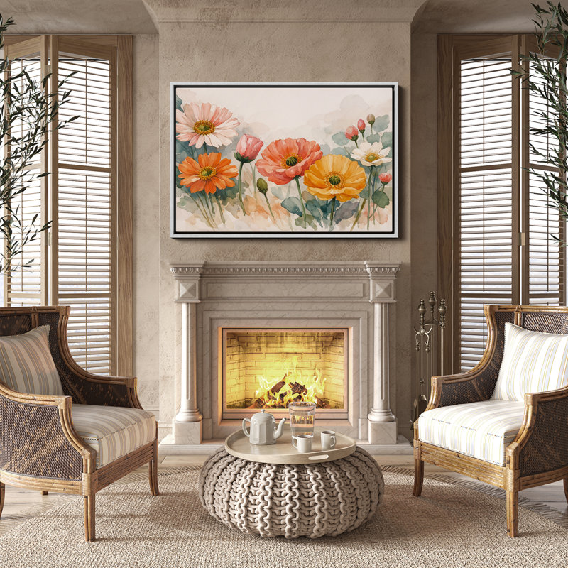 Douces fleurs de jardin dans des tons pastel chauds, art mural encadré, H 16 po x l 24 po, Blanc