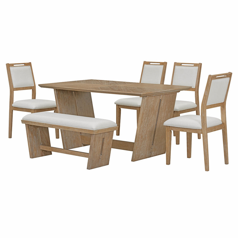 6-Piece Retro Dining Set, 1 Rectangular Table with 4 Upholstered Chairs and 1 Bench, Natural Wood Wash