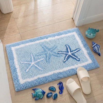 Beach Bathroom Rug Bath Mat Starfish Non-Slip Soft，Tufted Absorbent, Ocean Themed Coastal Decor, Seashell Starfish Pattern for Bedroom Kitchen Floor Tub Shower Sink