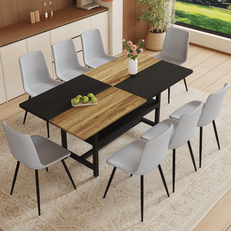 Ensemble de table de salle à manger rectangulaire pour 8 personnes, ensemble de table de salle à manger 71 po avec 8 chaises rembourrées et tablette de rangement, plateau de table en bois avec structure en métal