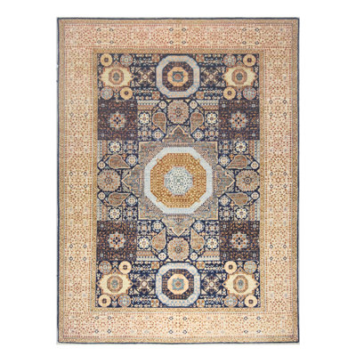 High-Quality Hand-Knotted Navy And Beige Area Rug