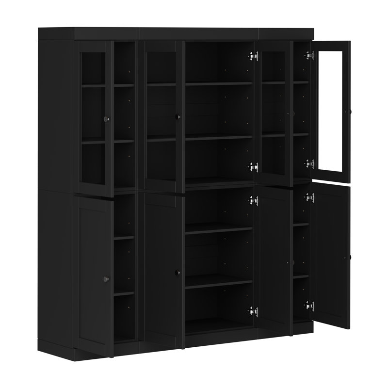 Vaisselier 100% bois massif 65 po avec verre transparent, portes Shaker et tablettes réglables, Noir