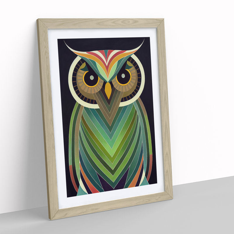 Unique Owl Art No.7 Abstract - Wall Art, 66cm H x 48cm W, Oak Framed, White