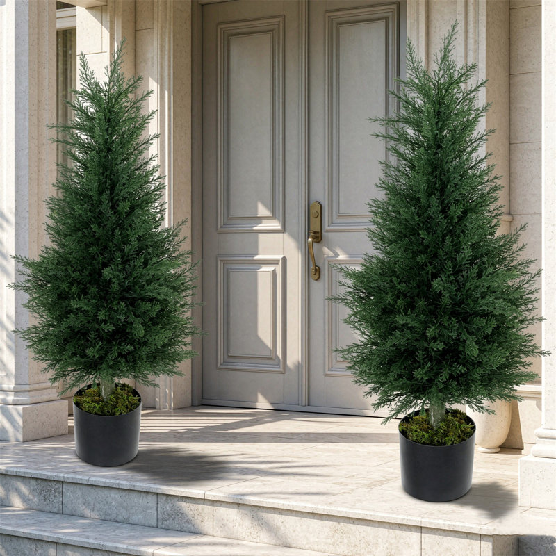 Faux Cypress Tree Plant in Cement Freestanding  Planter, 90cm H x 40cm W x 40cm D