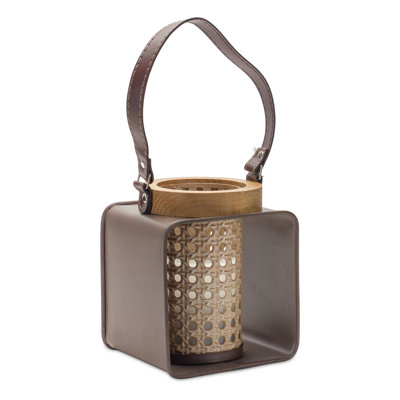 7" Natural And Brown Distressed Lattice Iron And Wood Tabletop Lantern Candle Holder