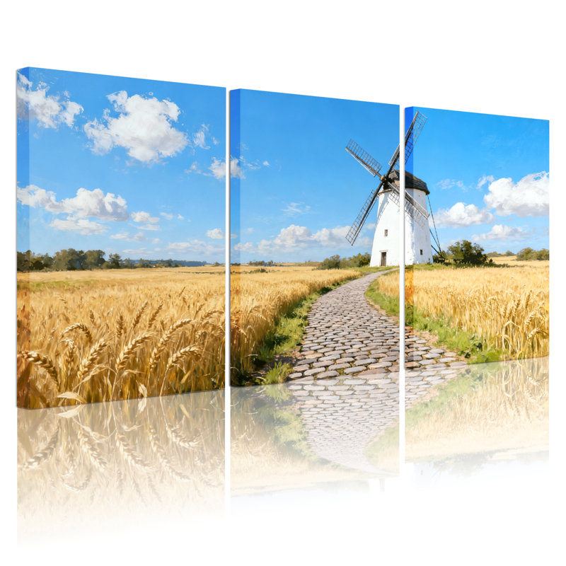 Scénario et paysage urbain, champ de blé, moulin à vent, chemin du ciel, nuages, soleil bleu, ensemble de 3 impressions sur toile