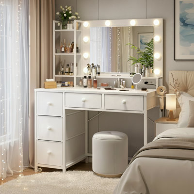White Bedroom Dressing Table With Light And Mirror, 5 Fabric Drawers, Power Outlet, And Hair Dryer Holder; All-In-One Dressing And Storage Unit.