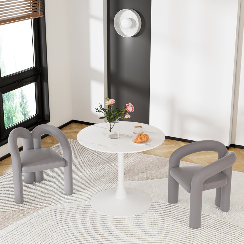 3-Piece Dining Table Set,Pedestal Dining Table With 2 Barrel Side Chairs, White, Gray