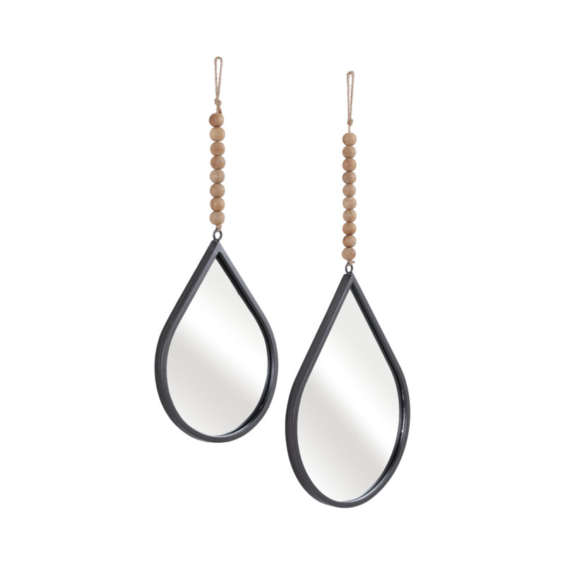 Ruari Teardrop Wall Mirrors with Metal Frame and Wood Bead Accent Featuring Glass and Iron Elements Set of 2