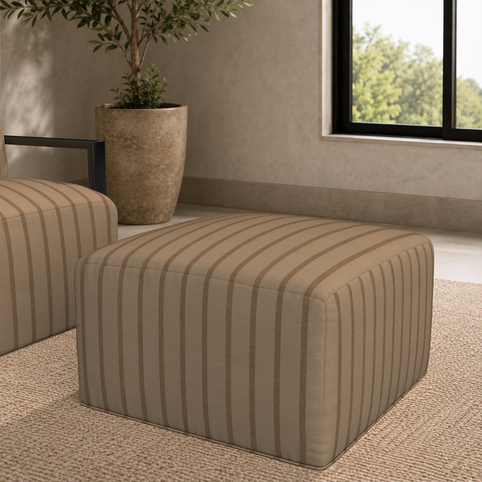 Praia Sunbrella® Patio Ottoman, 16" H x 29" W x 29" D, Unwind Driftwood Striped Sunbrella®