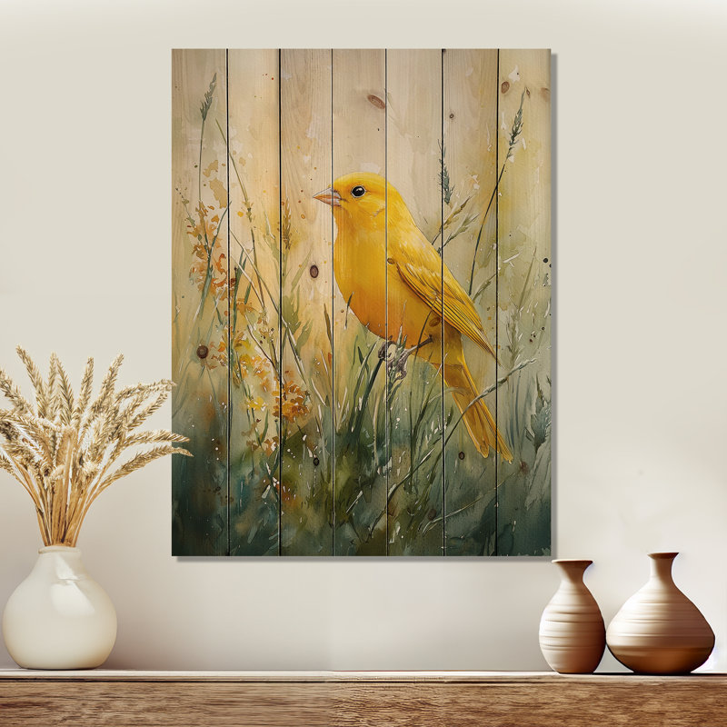 Oiseau canari dans les fleurs III - Art mural en bois oiseau - sur bois de pin naturel, H 40 po x l 30 po x P 0,78 po