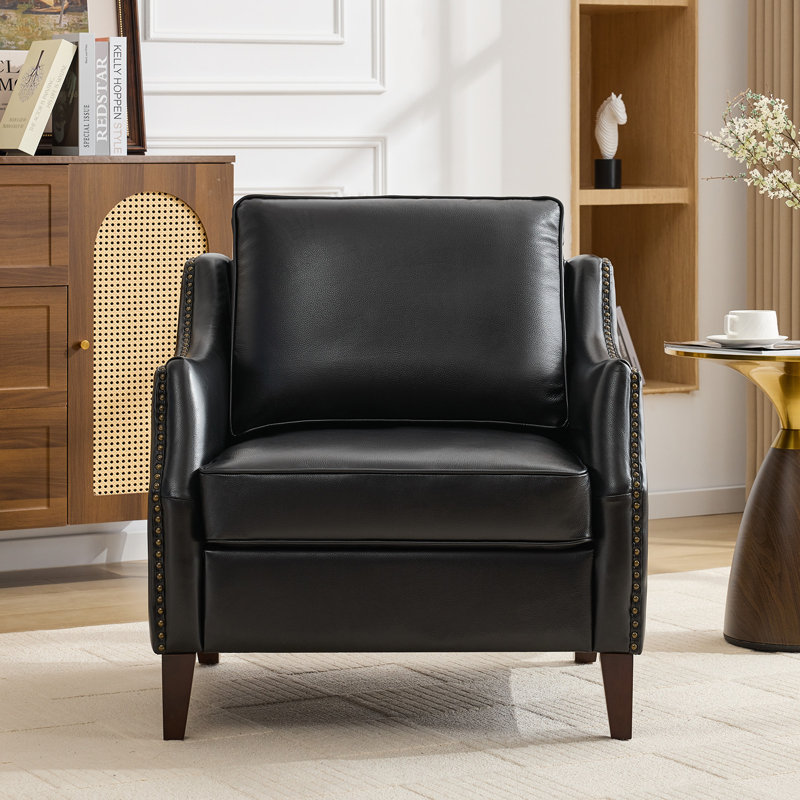 33.4" W Genuine Leather Upholstered Accent Armchair, Black