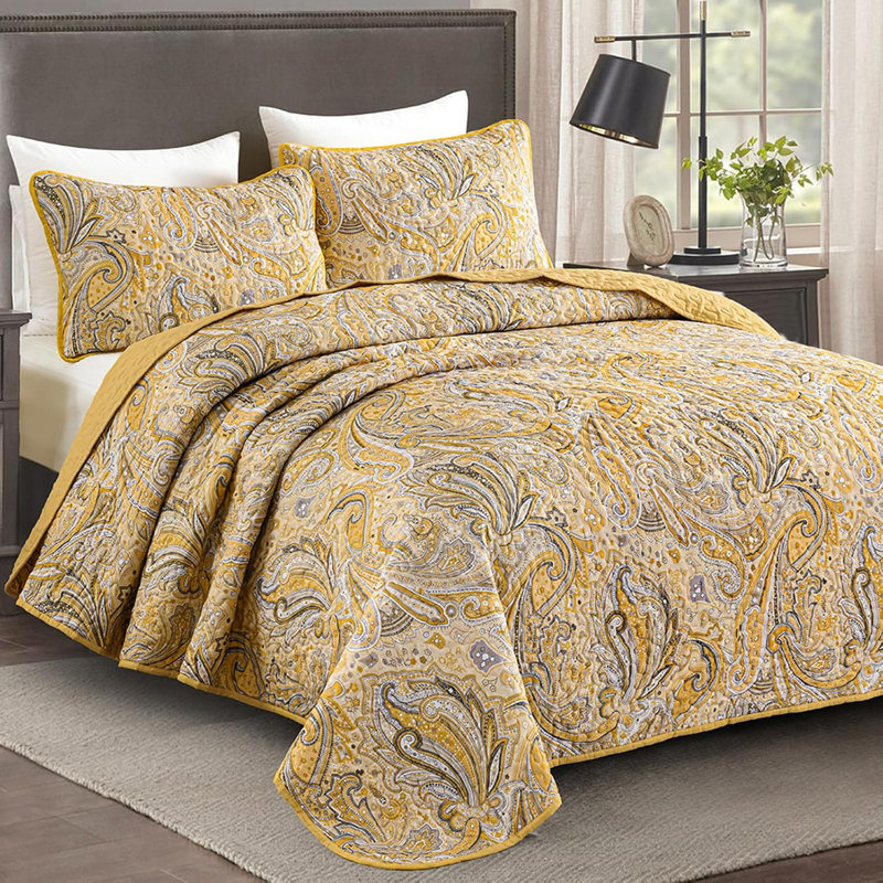 Ensemble de courtepointe 3 pièces à motif cachemire et couvre-lit Boho, Jaune