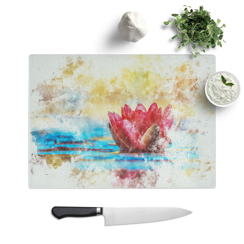 Tempered Glass Pink Water Lily Flower Chopping Board, 20 cm x 28.5 cm