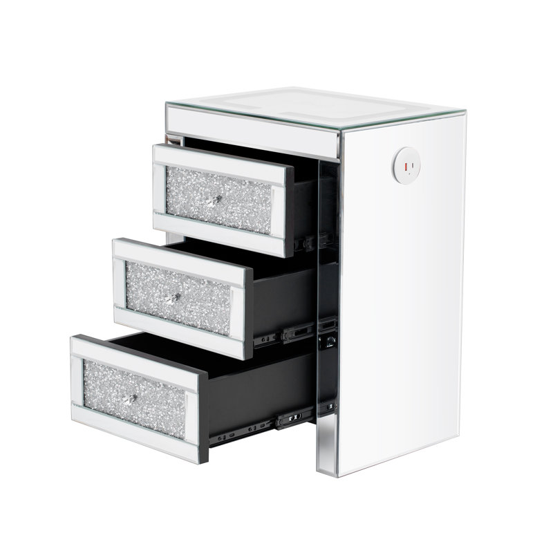 15.7''W Silver Rectangle Mirrored End Table With Wireless&USB Charging And LED Lights