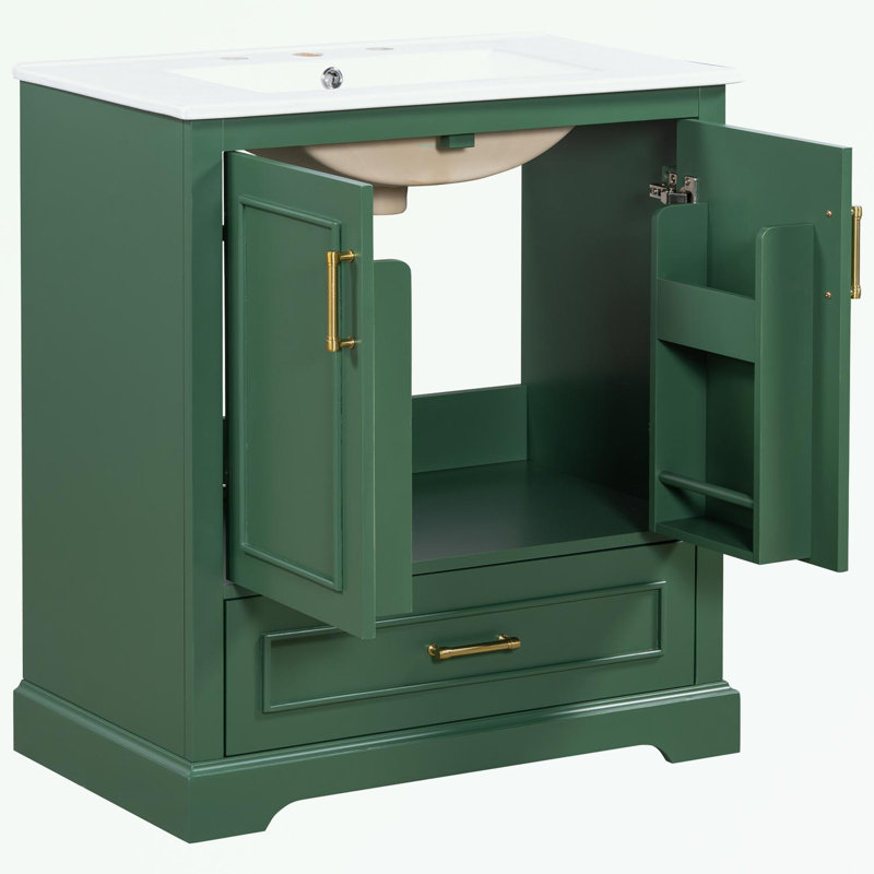 Meuble-lavabo avec lavabo, 1 tiroir et 2 portes à fermeture en douceur, Vert