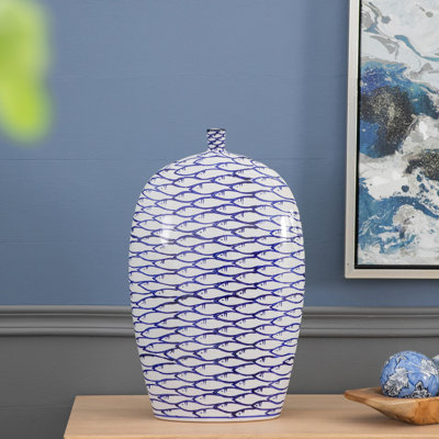 Hand Painted Vase With Fish Pattern - 11.7"" X 4 X 19.5"" - Blue/White -  Rosecliff Heights, 655D703B8F7A47D6B107CB1EB4E4AD3D