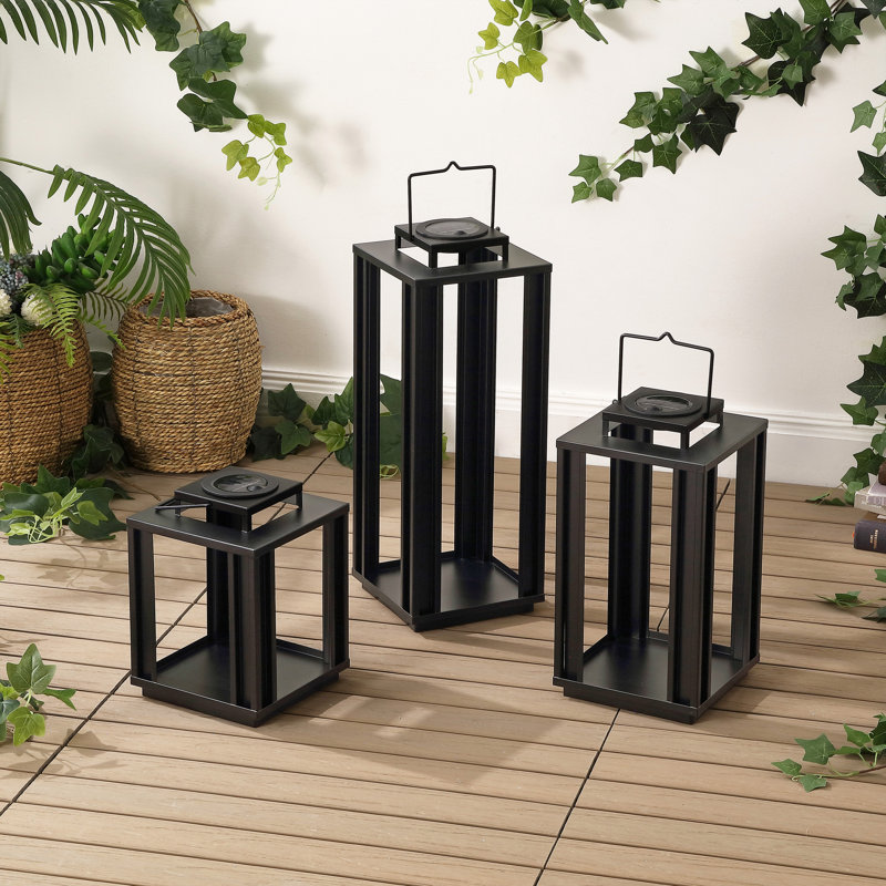 Leland Modern Industrial Integrated Indoor/Outdoor LED Solar Powered Lanterns, Black